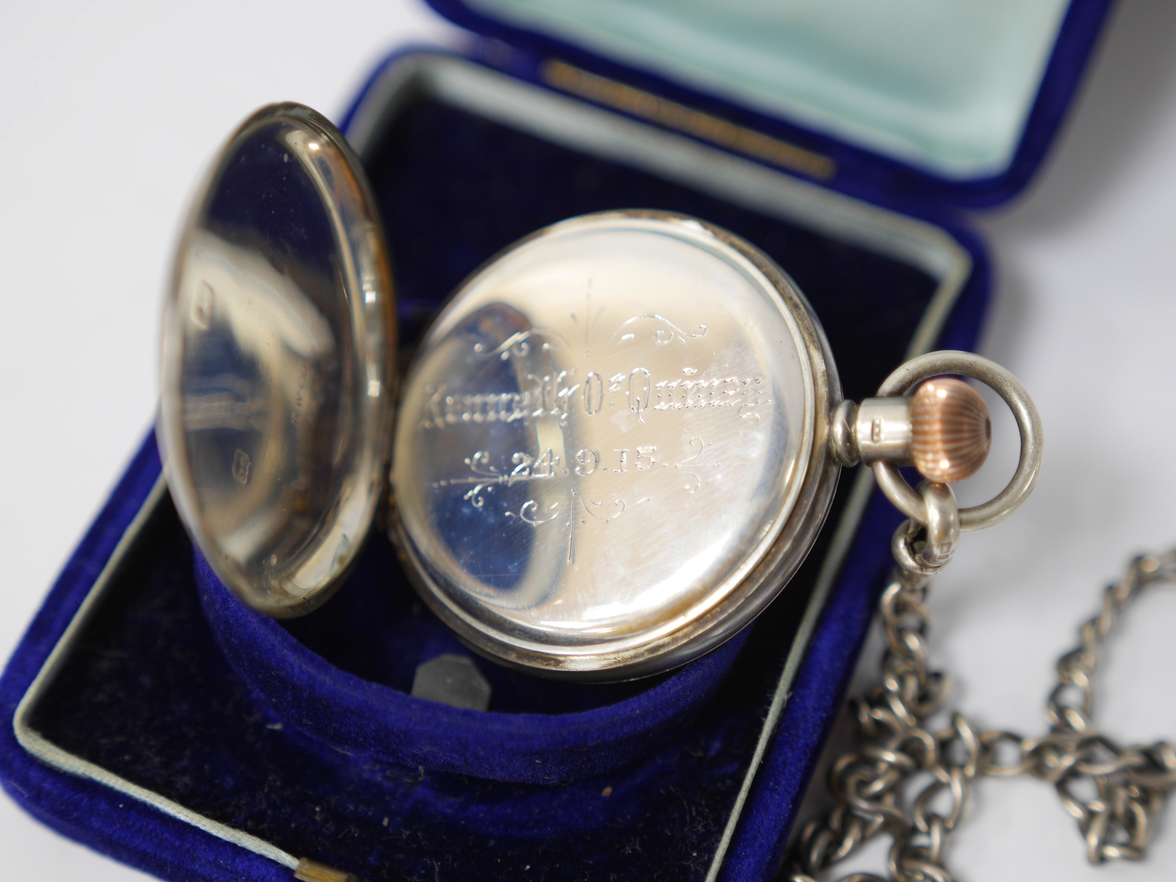 Six assorted pocket and fob watches, including a Victorian silver open faced, case diameter 62mm, a silver half hunter pocket watch with a silver albert and a small plated bosun's call. Condition - poor to fair to good